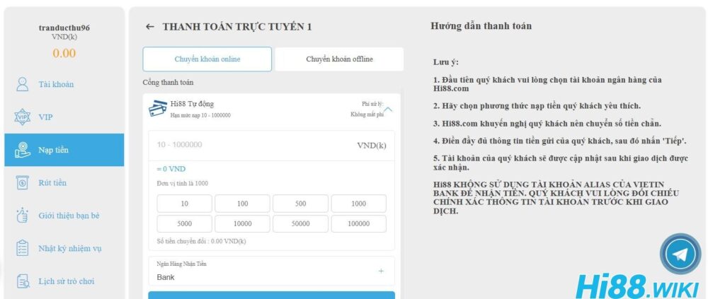 Hướng dẫn cách nạp tiền tại Hi88