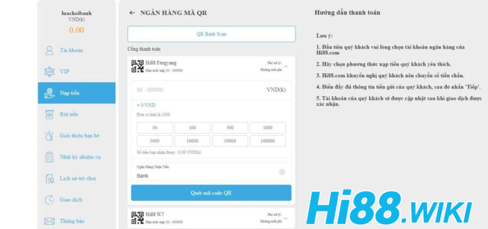 Nạp tiền Hi88 mã QR tại Hi88