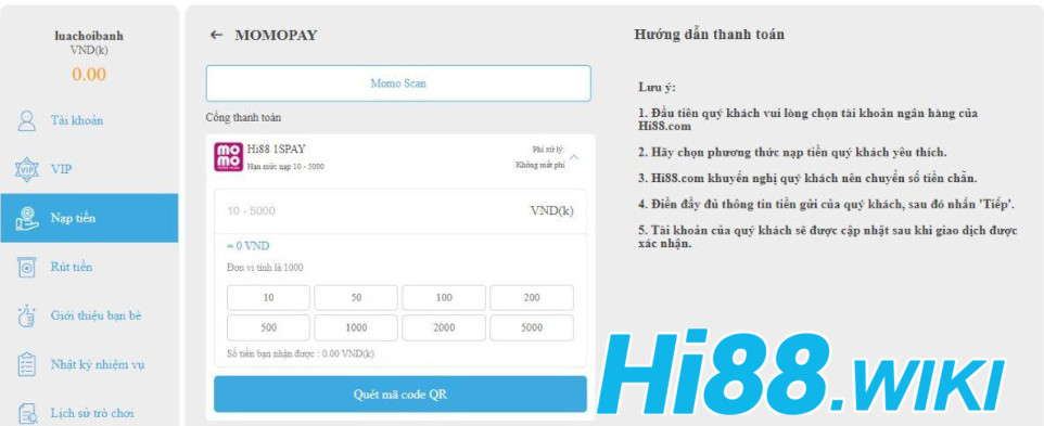 Nạp tiền Hi88 Ví điện tử